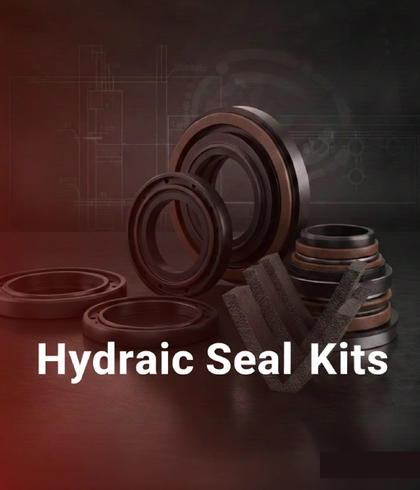 A technical industrial display image for 'Hydraulic Seal Kits'. The image features a professional arrangement of high-pressure hydraulic seals, rod wipers, and piston seals in various materials like Nitrile and Polyurethane. Background includes subtle engineering blueprints. Theme color is a transparent gradient of #e7292a (industrial red) over a dark, sleek metallic surface. Text prominently displays 'Hydraulic Seal Kits' in a bold, clean white font. Lower right corner has 'AMBICA RUBBER' in small caps